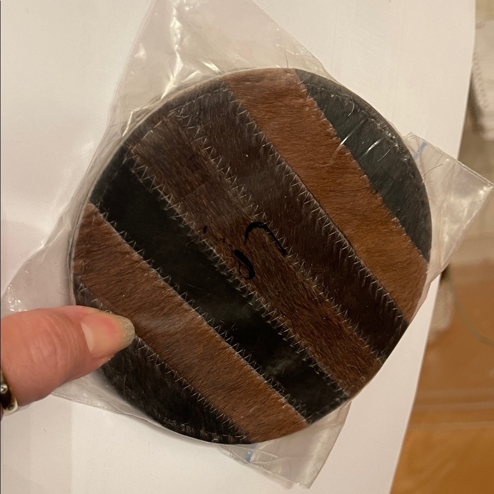 Handmade Leather Cowhide Coasters - 4pc, Round, Striped Brown and Black nwt